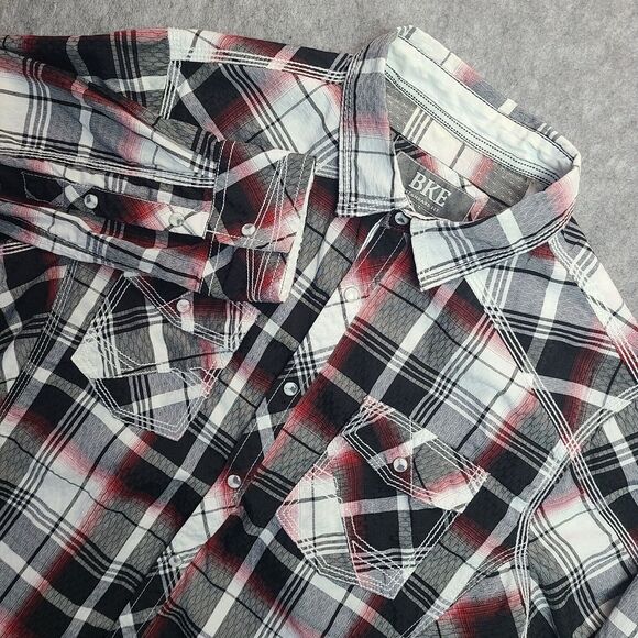 Buckle BKE Pearl Snap Shirt Mens LG Black Red Textured Western Tartan Rockabilly - Picture 1 of 9